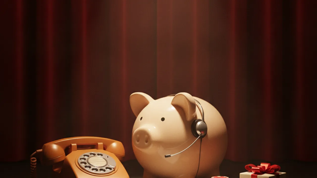 Kulaklık takmış kumbara ve çevirmeli telefon